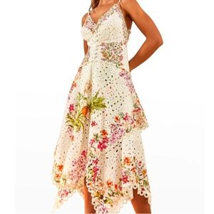 NWT $295 Farm Rio Delicate Forest Scarves Eyelet Midi Dress in Small!